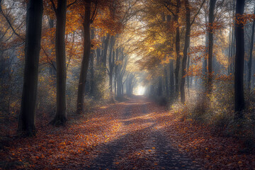 Obraz premium Golden autumn sunlight illuminating a leaf-covered forest path surrounded by vibrant fall foliage