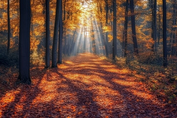 Obraz premium Golden autumn sunlight illuminating a leaf-covered forest path surrounded by vibrant fall foliage