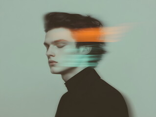 Retro portrait of a man with motion blur effect, orange light stripe on face, blue-gray background. Vintage shooting, fashion show, modern stylish clothes