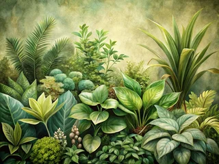 Fotobehang Vintage Watercolor Painting of Lush Green Shrubs & Foliage - Botanical Illustration © Man888