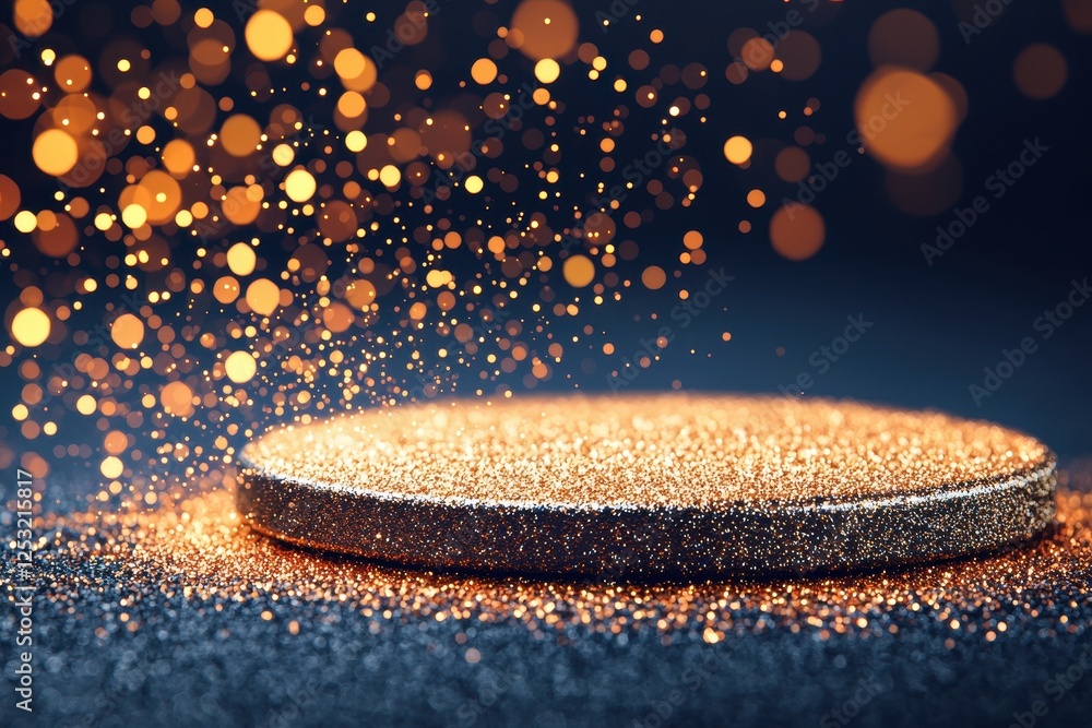 Poster sparkling gold glitter background with elegant round platform for product display