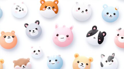 Fototapeta premium A kawaii-style wallpaper featuring adorable, round animals in soft, playful colors.