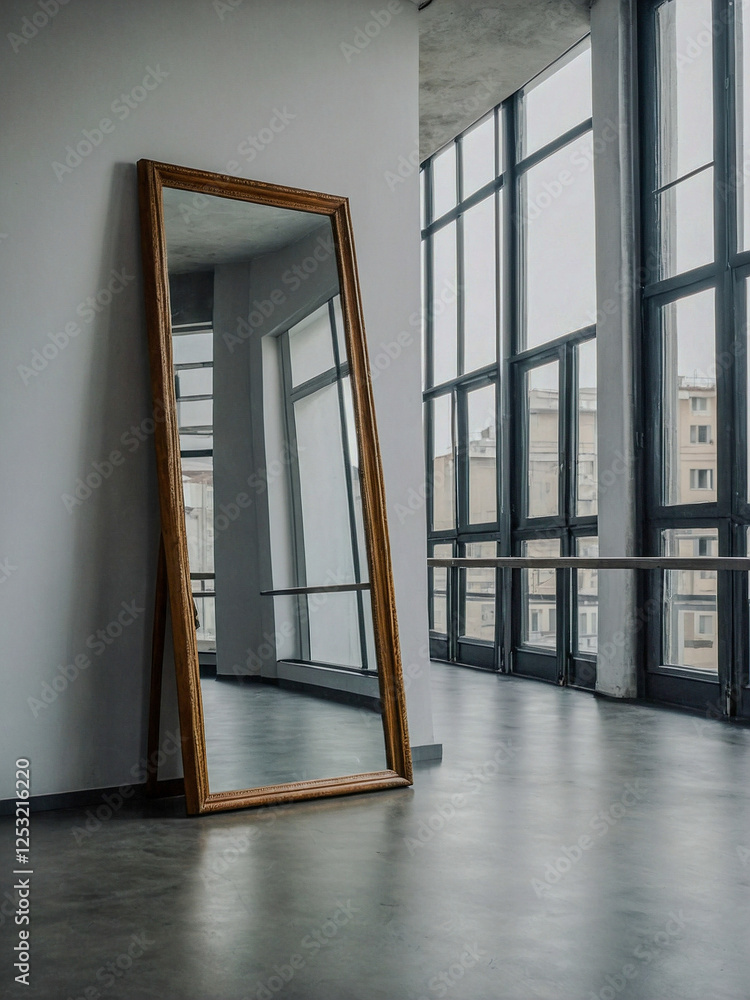 Poster large empty mirror in a minimalist room with space for overlays.