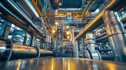 Fototapeta premium Industrial Engineering Excellence: Bright Factory with Piping Systems for Efficient Production