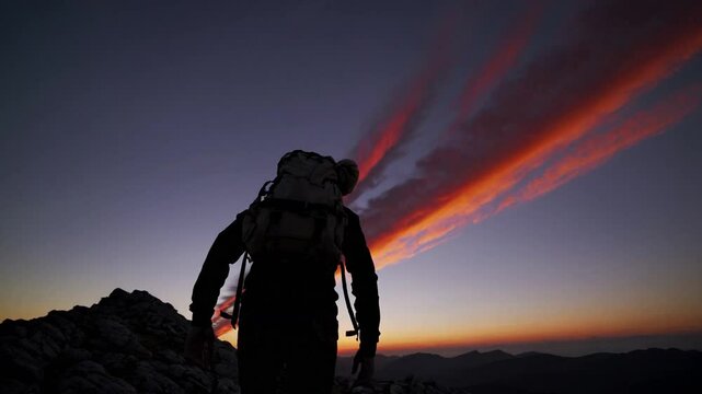 Sunrise ridge hike, slow push in as a lone hiker reaches the crest. The sun peeks over the ridge, casting elongated shadows and igniting the sky with fiery streaks of crimson.
