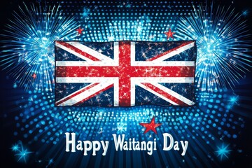 Happy waitangi day celebration with new zealand flag and festive fireworks display
