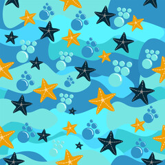 Obraz premium Underwater Starfish and Bubbles Seamless Pattern in Blue Tones