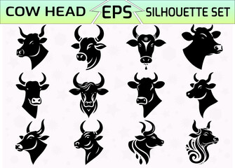 Set of Cow Head Silhouette Vector Illustration