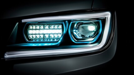 Closeup of a Modern Car Headlight with Bright LED Illumination at Night