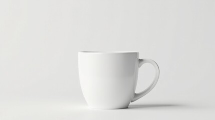 Fototapeta premium A solitary, pristine white mug rests on a simple, bright surface, offering a clean and minimalist aesthetic for various design applications.