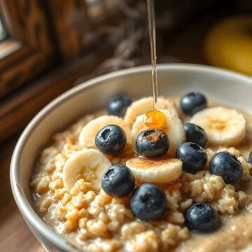 Est&aacute; cubierto con avena, bananas y ar&aacute;ndanos.
