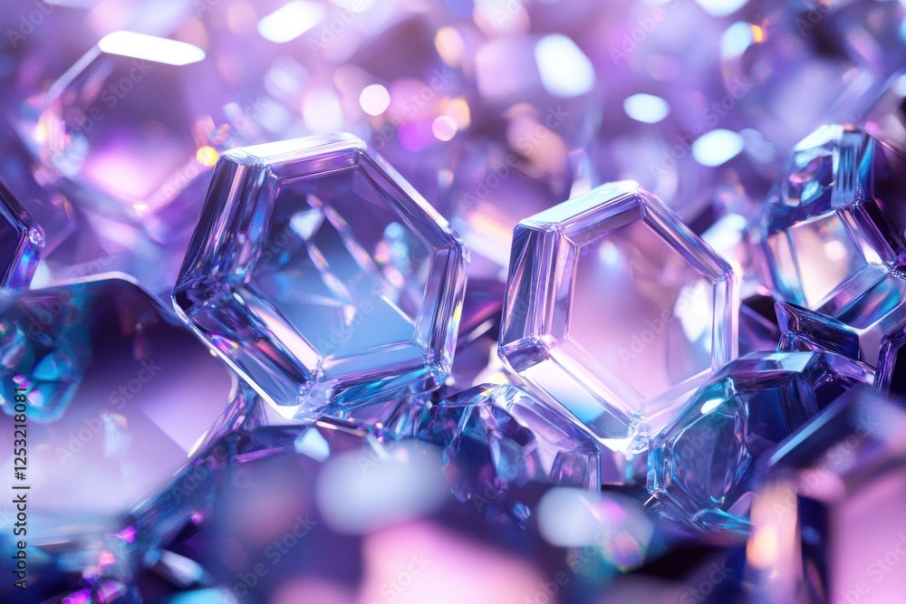 Aufkleber crystal hexagons with a vibrant purple and blue gradient background, sparkling and reflecting light,