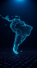 South America Map: Glowing Neon Tech Network of Countries & Borders - Futuristic Continent Visualization