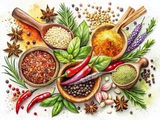 Watercolor Sesame Seeds Herbs Spices Hand-Drawn Sketch Culinary Art Food Photography