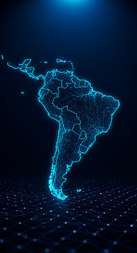 South America Map: Glowing Neon Tech Network of Countries & Borders - Futuristic Continent Visualization