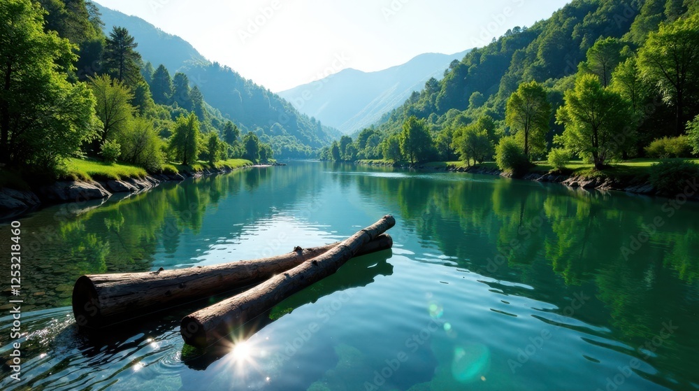 Poster serene mountain river scene with floating logs on a calm sunny day