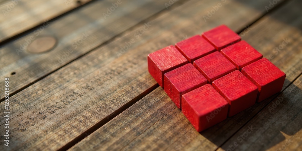 Aufkleber Red wooden blocks arranged in a square on rustic wooden surface, a concept of unity and structure