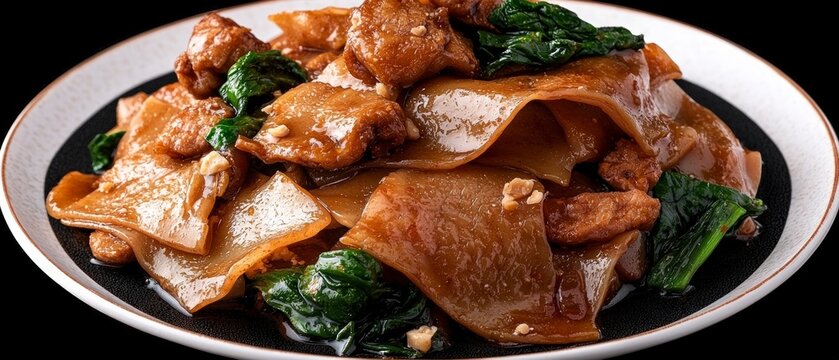 Closeup of Brown Pad See Ew Noodles with Meat and Greens on a Black Plate