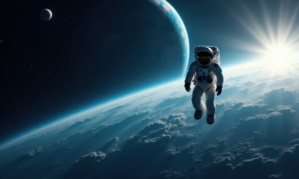 An astronaut floating in space with Earth and a distant planet in view, illuminated by the sun's rays. A breathtaking cosmic scene.