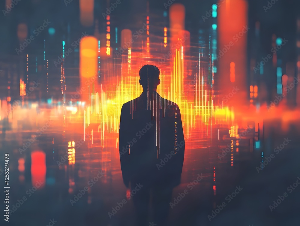 Aufkleber silhouette of man against abstract digital data visualization background