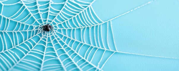 Obraz premium Intricate Spiderweb with a Small Spider on Light Blue Background Halloween Nature Insect