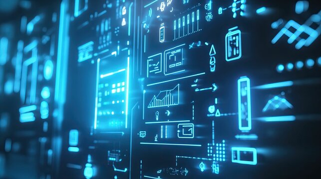 Abstract blue digital interface; data streams, graphs.