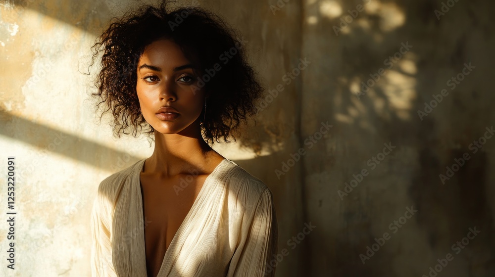 Poster model embodies serenity in minimalist editorial lighting at an urban setting. generative ai