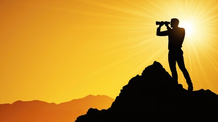 Silhouette of a Man on Mountaintop Using Binoculars at Sunset
