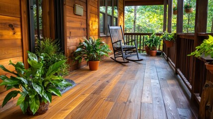 Fototapeta premium A welcoming front porch with potted plants, a rocking chair, and warm wooden textures