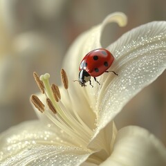 Obraz premium Ladybug on Dewy White Lily Flower Petal
