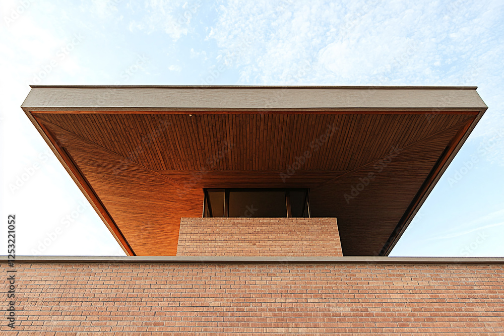 Aufkleber Modern architectural building with a flat roof and a wooden underside, creating a unique visual effect. It symbolizes contemporary design and innovation.