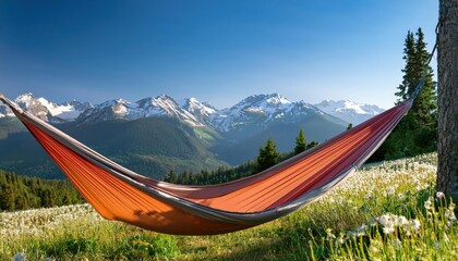 A cozy hammock sways gently above a lush alpine meadow, providing an ideal spot for relaxation. Surrounded by towering mountains, the scene invites tranquility and connection with nature