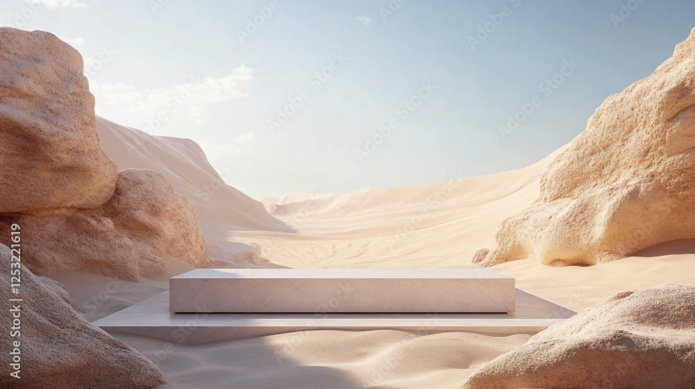 Poster minimalist desert landscape with a white marble pedestal in the center. this symbolizes simplicity, 