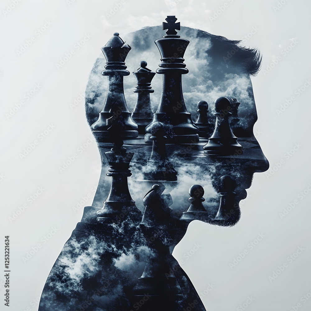 Poster silhouette of man with chess pieces, abstract concept of strategy