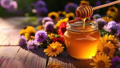 A glass jar filled with golden honey sits among colorful wildflowers, light filtering through the petals. A wooden dipper rests on the rim, inviting a taste of nature's sweetness