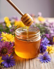A close-up view of a glass jar filled with golden honey, a wooden dipper resting on its rim. The jar is set amongst colorful flowers, embodying the beauty of natural ingredients and health
