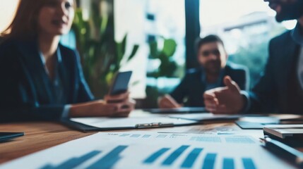 A financial advisor meeting with clients in a sleek office, with financial charts and graphs on the table, Financial advising scene