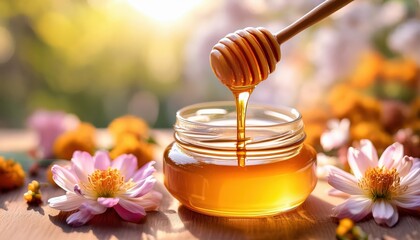 A wooden dipper lifts rich, golden honey from a glass jar as it gently drizzles down. Beautiful flowers and bright sunlight create a serene, natural backdrop, highlighting the sweetness of nature