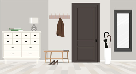 Stylish hallway with chest of drawers and mirror. Vector illustration