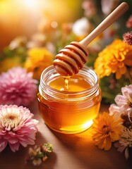 A jar of thick, golden honey with a wooden dipper glistens under warm sunlight, surrounded by vibrant flowers, highlighting the beauty of natural ingredients and healthy living