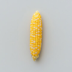 A single, vibrant yellow corn cob is centered against a plain light gray background.