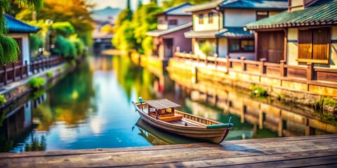 Yanagawa, Fukuoka: Traditional Poled Boat Docked at Wooden Deck - Tilt-Shift Miniature Photography