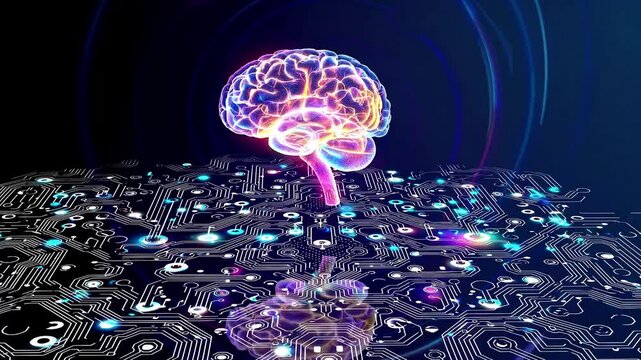 Futuristic neural network, circuit patterns with abstract neural pathways, holographic brain in the center set on blue gradient.
