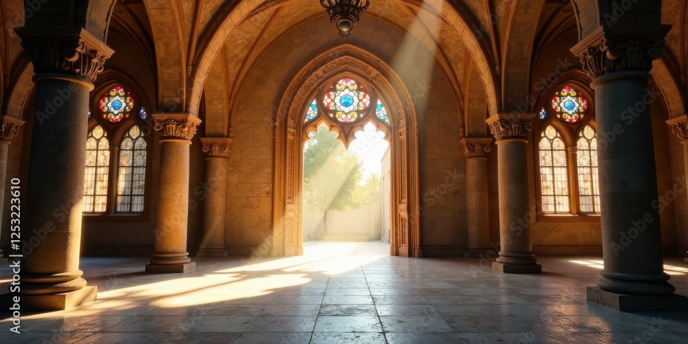 Poster sunlit cathedral hallway with ornate columns and stained glass windows