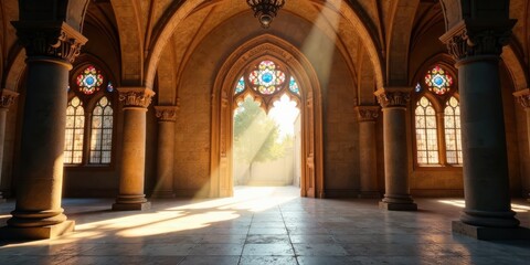 Obraz premium Sunlit Cathedral Hallway with Ornate Columns and Stained Glass Windows