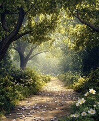 Obraz premium Serene forest pathway with flowers and dappled sunlight