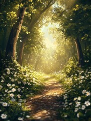 Fototapeta premium Sunlight filters through trees in a tranquil forest path