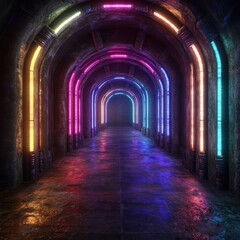 Fototapeta premium Neon-lit archway corridor, futuristic scene, dark background, video game asset