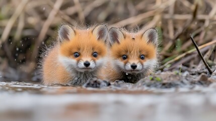 Obraz premium Two red fox kits in a shallow stream, springtime, natural habitat, wildlife photography, adorable
