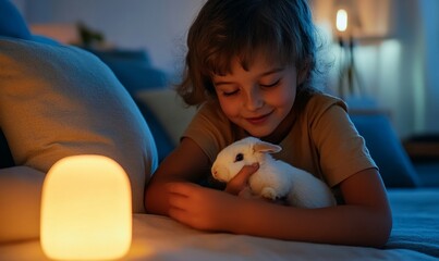 Evening bliss, A young child cuddling a bunny under the soft glow of a lamp